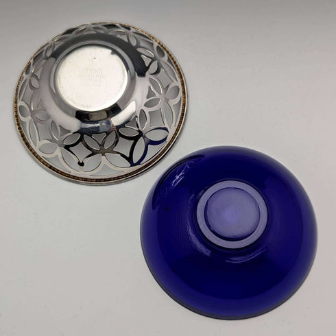 British vintage silver plate dish with blue glass liner
