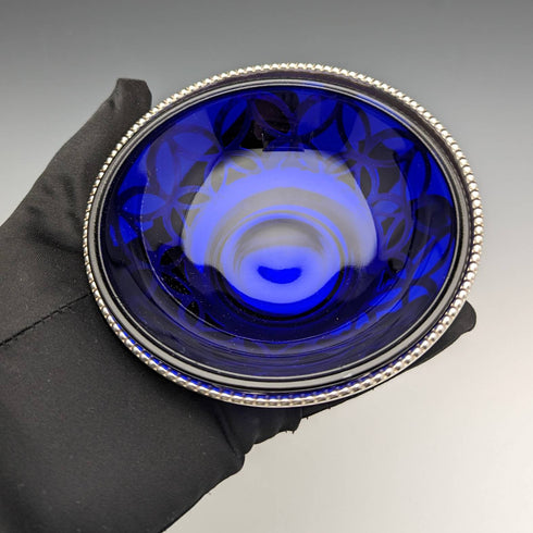 British vintage silver plate dish with blue glass liner