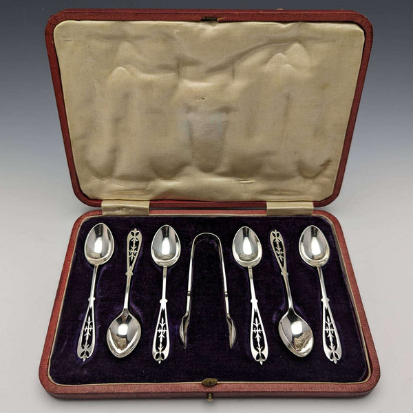 1907 年英國古董純銀茶匙 6 和糖鉗套裝,以防 James Dixon