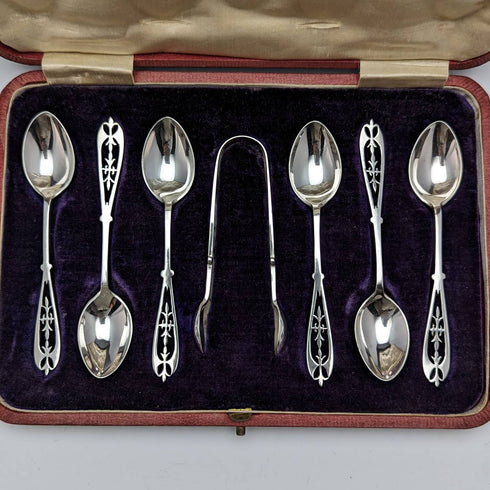 1907 年英國古董純銀茶匙 6 和糖鉗套裝,以防 James Dixon