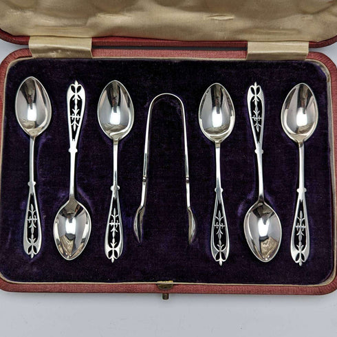 1907 年英國古董純銀茶匙 6 和糖鉗套裝,以防 James Dixon