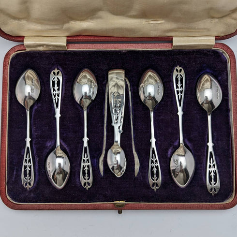 1907 年英國古董純銀茶匙 6 和糖鉗套裝,以防 James Dixon
