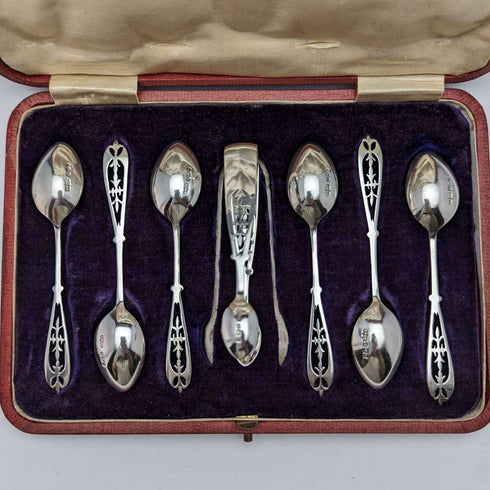 1907 年英國古董純銀茶匙 6 和糖鉗套裝,以防 James Dixon