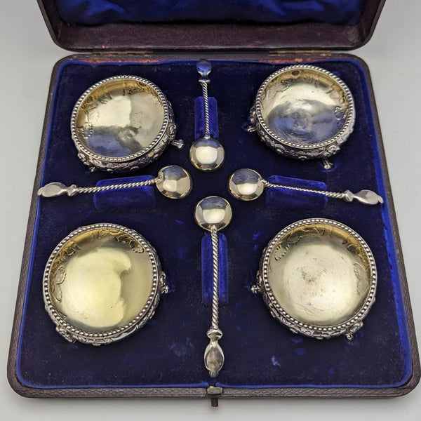 Around 1860 British Antique Pure Silver Salt Dish & Spoon Set of 4 in Case