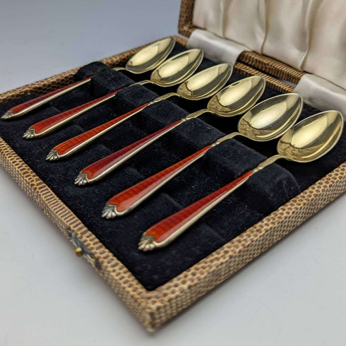 1955년 영국 빈티지 순은 티스푼 6본 세트 에나멜 장식 케이스 포함
