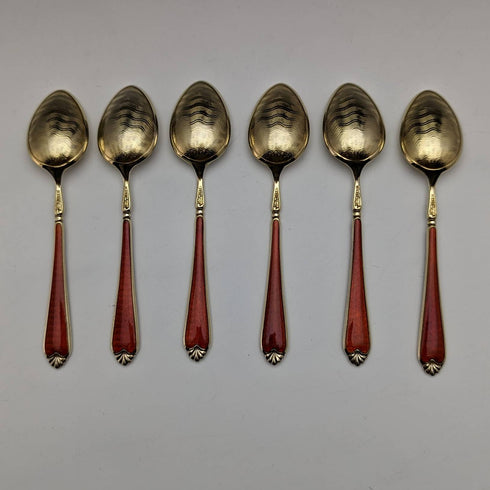 1955年 英国ヴィンテージ 純銀製ティースプーン6本セット エナメル装飾 ケース入り