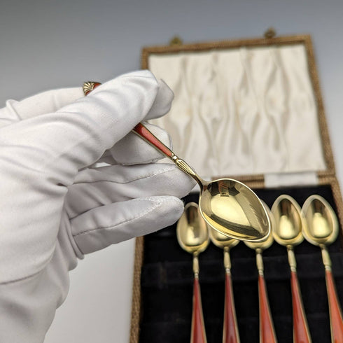 1955年 英国ヴィンテージ 純銀製ティースプーン6本セット エナメル装飾 ケース入り