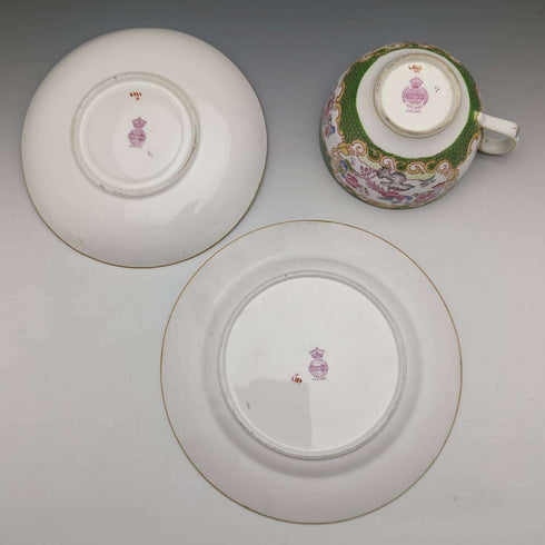 First half of the 20th century British Minton Teacup Trio Cockatrice Green with translation