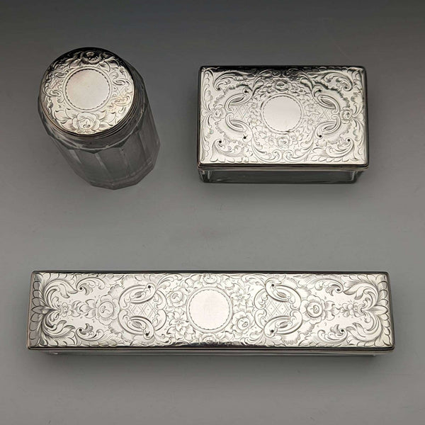 1863 British Antique Sterling Silver Lid Glass Vessel Set of 3 Pittway Brothers