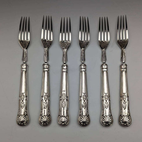 1856 British antique sterling silver cutlery 6 pair set boxed Harrison Brothers