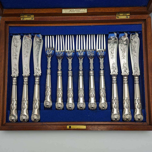 1870 年英國古董純銀魚餐具 6 對套裝盒裝 William Marshall