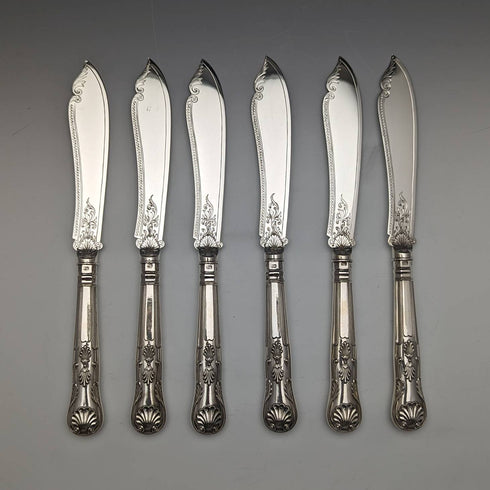 1870 British Antique Sterling Silver Fish Cutlery 6 Pair Set Boxed William Marshall