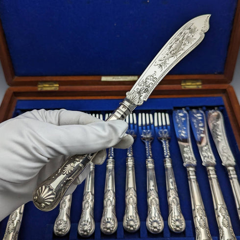 1870 British Antique Sterling Silver Fish Cutlery 6 Pair Set Boxed William Marshall