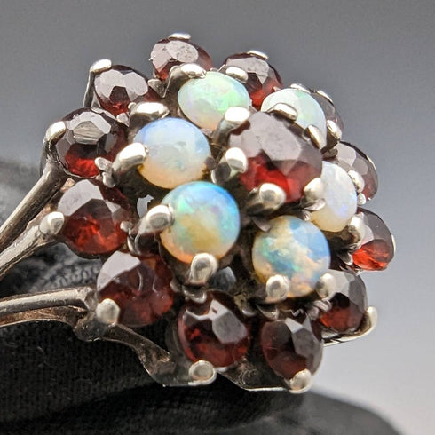 英國復古珠寶石榴石和珍珠純銀戒指