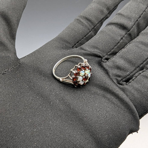 英國復古珠寶石榴石和珍珠純銀戒指