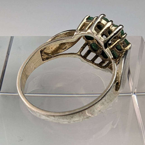 British Vintage Jewelry Emerald & Diamond Sterling Silver Ring
