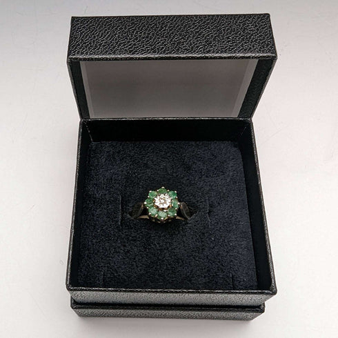 British Vintage Jewelry Emerald & Diamond Sterling Silver Ring