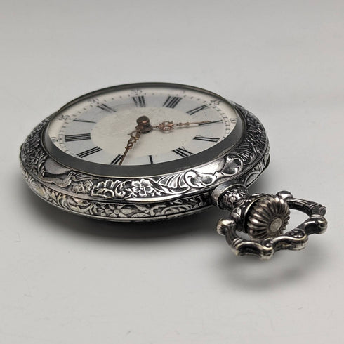 アンティーク スイス製無銘 懐中時計 浮彫彫刻シルバープレートケース 動作良好