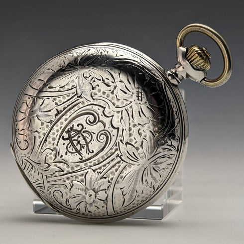 Around 1910 Antique Omega pocket watch Flower engraving Silver side hunter case Works well