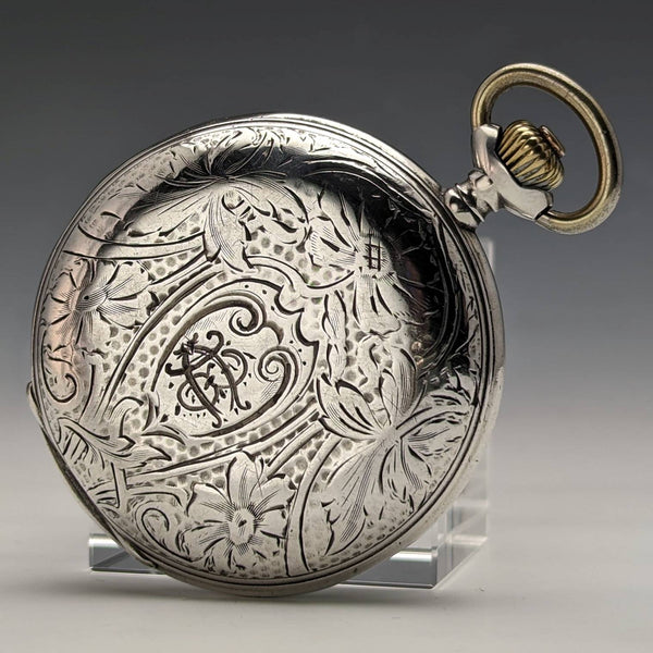1910 年左右古董歐米茄懷錶花卉雕刻銀色側面獵手錶殼效果很好