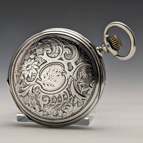Around 1902 Antique Longines pocket watch Art Nouveau engraving Hunter case on silver side Works well