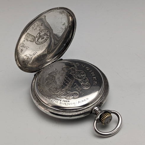 Around 1902 Antique Longines pocket watch Art Nouveau engraving Hunter case on silver side Works well