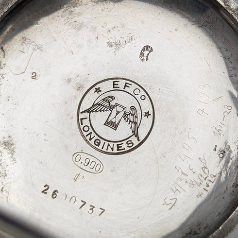 Around 1902 Antique Longines pocket watch Art Nouveau engraving Hunter case on silver side Works well