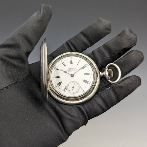 Around 1902 Antique Longines pocket watch Art Nouveau engraving Hunter case on silver side Works well