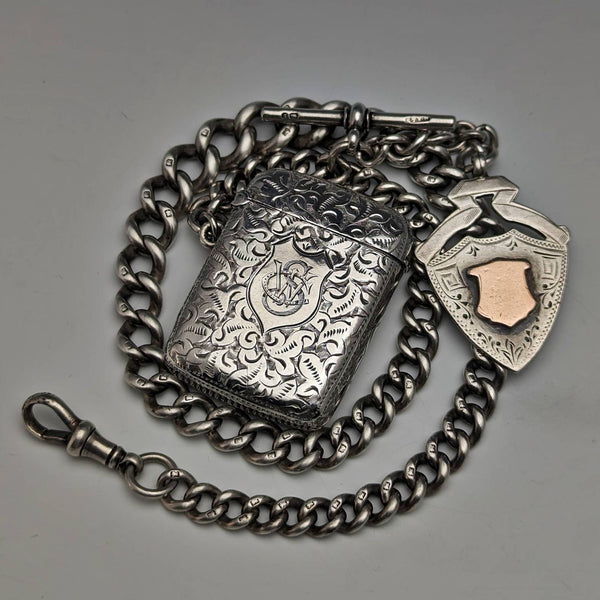 Around 1900 British Antique Sterling Silver Albert Chain 88g Vesta Case & Medal Fob