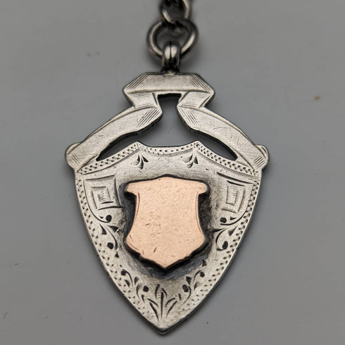 Around 1900 British Antique Sterling Silver Albert Chain 88g Vesta Case & Medal Fob