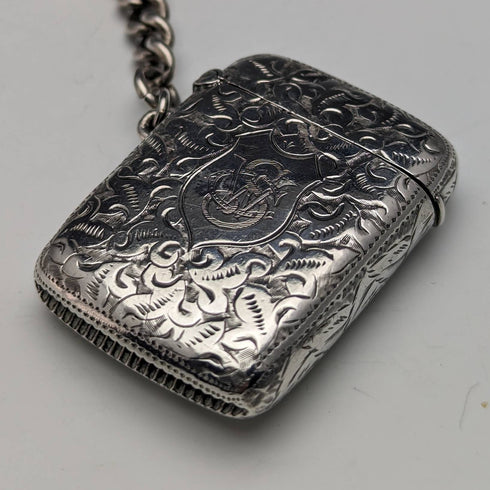Around 1900 British Antique Sterling Silver Albert Chain 88g Vesta Case & Medal Fob