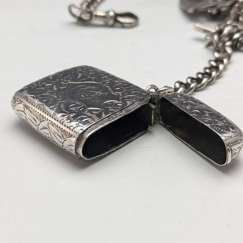 Around 1900 British Antique Sterling Silver Albert Chain 88g Vesta Case & Medal Fob