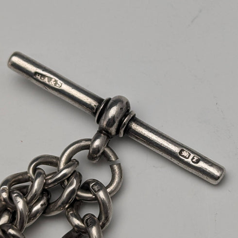 Around 1900 British Antique Sterling Silver Albert Chain 88g Vesta Case & Medal Fob