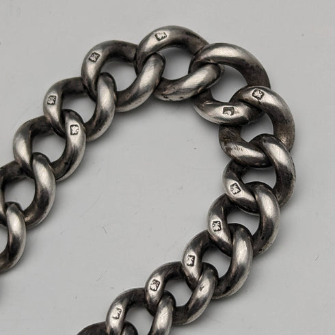 Around 1900 British Antique Sterling Silver Albert Chain 88g Vesta Case & Medal Fob