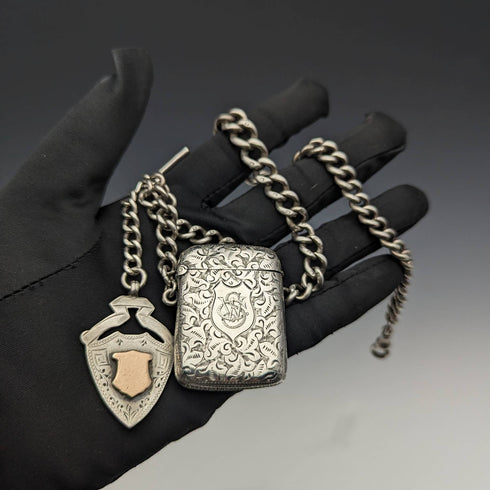 Around 1900 British Antique Sterling Silver Albert Chain 88g Vesta Case & Medal Fob