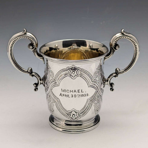 1862 British Antique Sterling Silver Double Handle Mug Cup 169g Barnard