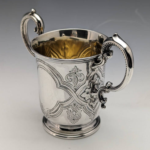 1862 British Antique Sterling Silver Double Handle Mug Cup 169g Barnard