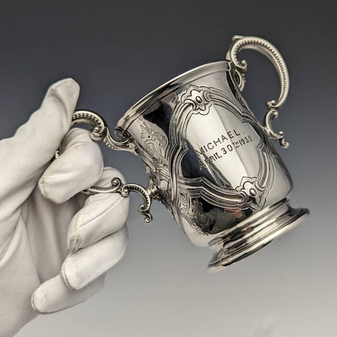 1862 British Antique Sterling Silver Double Handle Mug Cup 169g Barnard