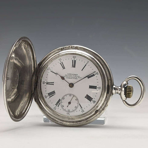 Around 1902 Antique Longines pocket watch Art Nouveau engraving Hunter case on silver side Works well