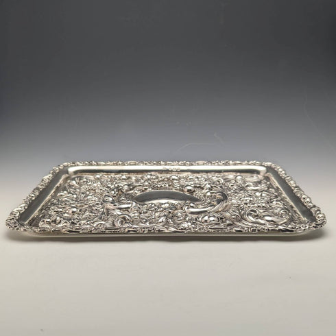 1902 British Antique Sterling Silver Relief Engraving Dressing Table Tray 306g