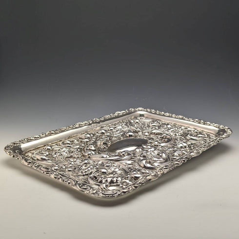 1902 British Antique Sterling Silver Relief Engraving Dressing Table Tray 306g