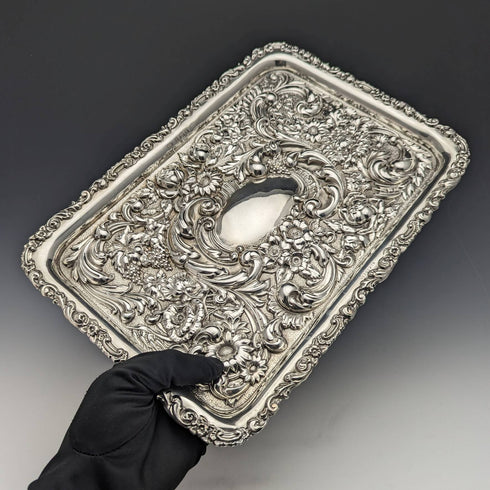 1902 British Antique Sterling Silver Relief Engraving Dressing Table Tray 306g