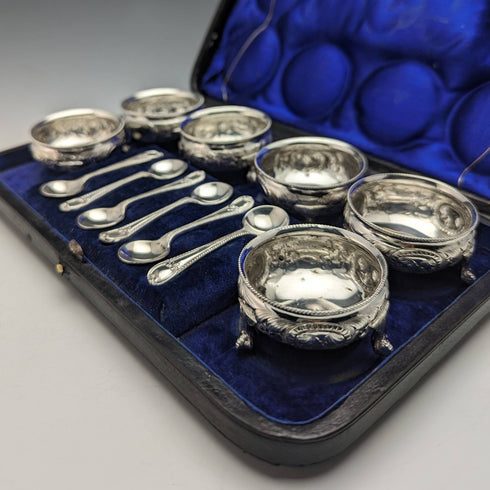 1900年頃 英国アンティーク シルバープレート製 ソルトディッシュ&スプーン6ペアセット ケース入り