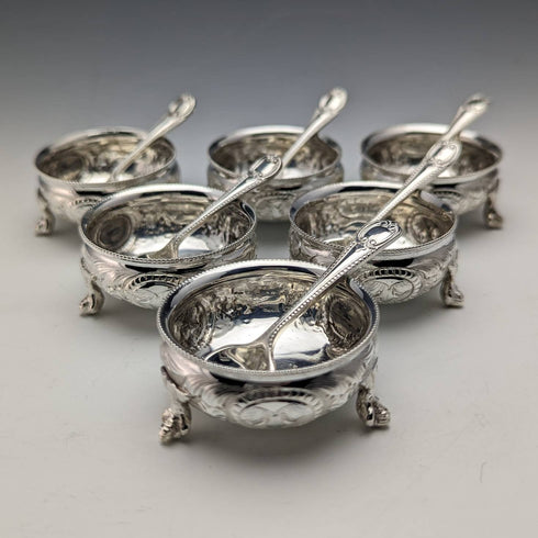 1900年頃 英国アンティーク シルバープレート製 ソルトディッシュ&スプーン6ペアセット ケース入り