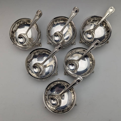 1900年頃 英国アンティーク シルバープレート製 ソルトディッシュ&スプーン6ペアセット ケース入り