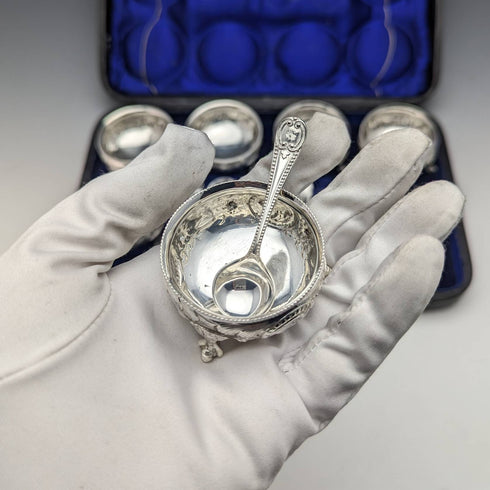 1900年頃 英国アンティーク シルバープレート製 ソルトディッシュ&スプーン6ペアセット ケース入り