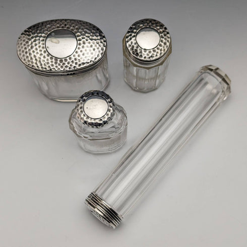 1910年頃 英国アンティーク 純銀蓋 ガラスボトル4個セット Percy Whitehouse