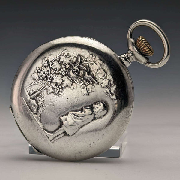 Antique Swiss GLOBE pocket watch relief engraving silver side hunter case works well