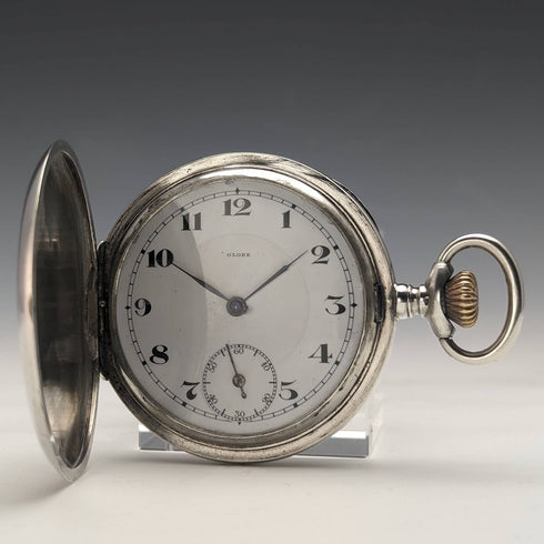 Antique Swiss GLOBE pocket watch relief engraving silver side hunter case works well