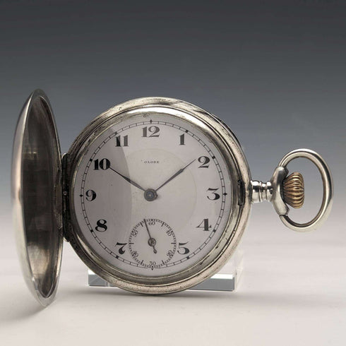 Antique Swiss GLOBE pocket watch relief engraving silver side hunter case works well